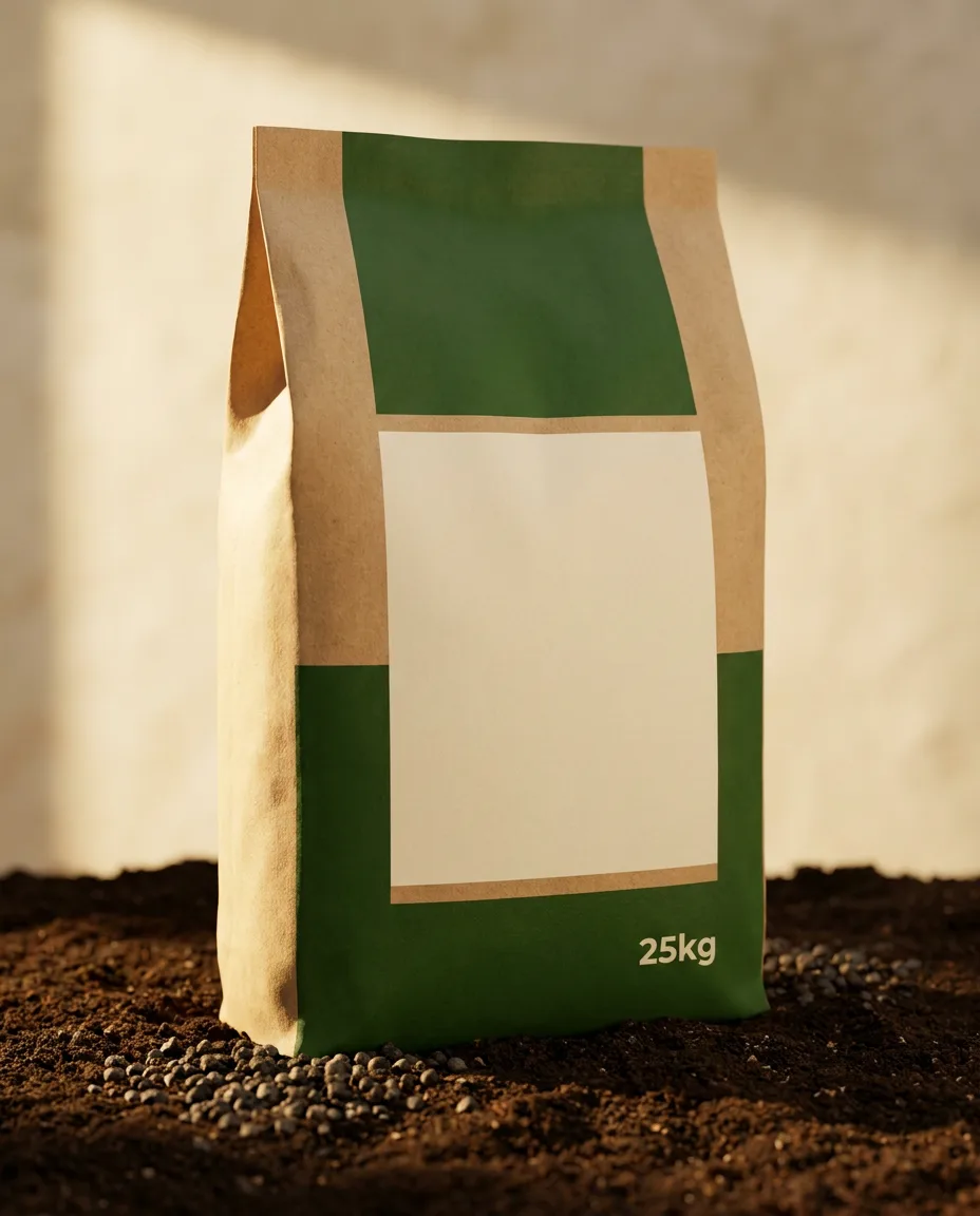 Imago Organic Fertilizer 25 kg bag on dark soil with scattered granules